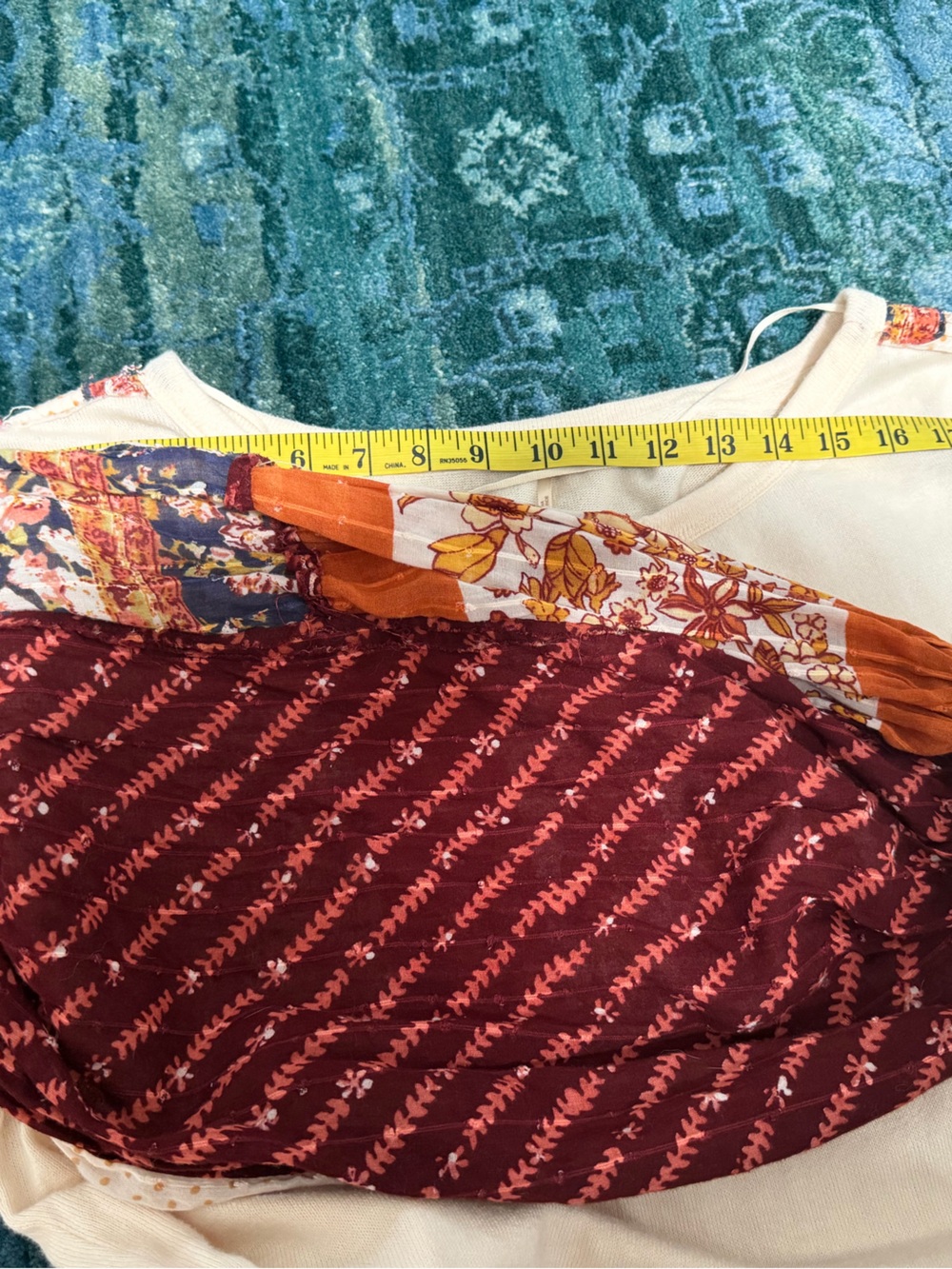Free People Cream Henley Top with Rust and Maroon Patchwork Sleeves - Picture 8 of 12